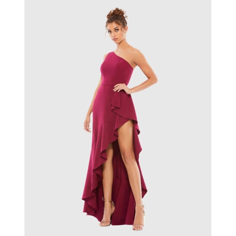 Mac Duggal Size 2 Berry 49089 One Shoulder Side Slit Ruffle Gown Dress  $358 New - Picture 3 of 12